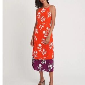 Ann Taylor Floral Print Midi Dress 4 Sleeveless Halter Color Block Orange Maroon